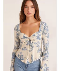 v neck toile de jouy knotted long sleeve crop top